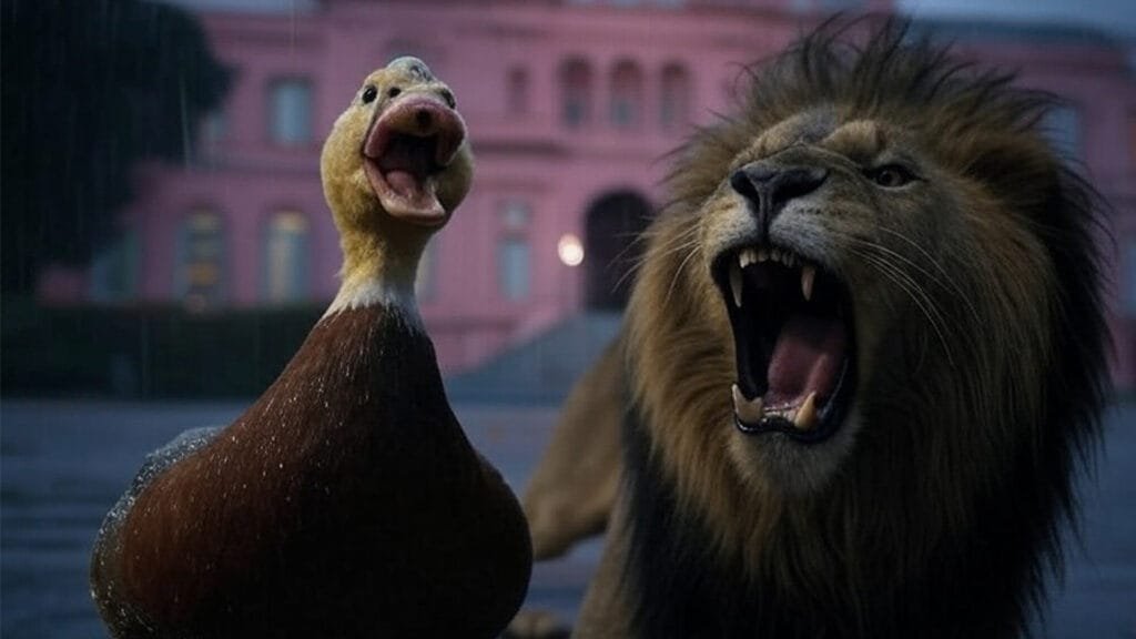 Un pato y un león frente a la Casa Rosada.