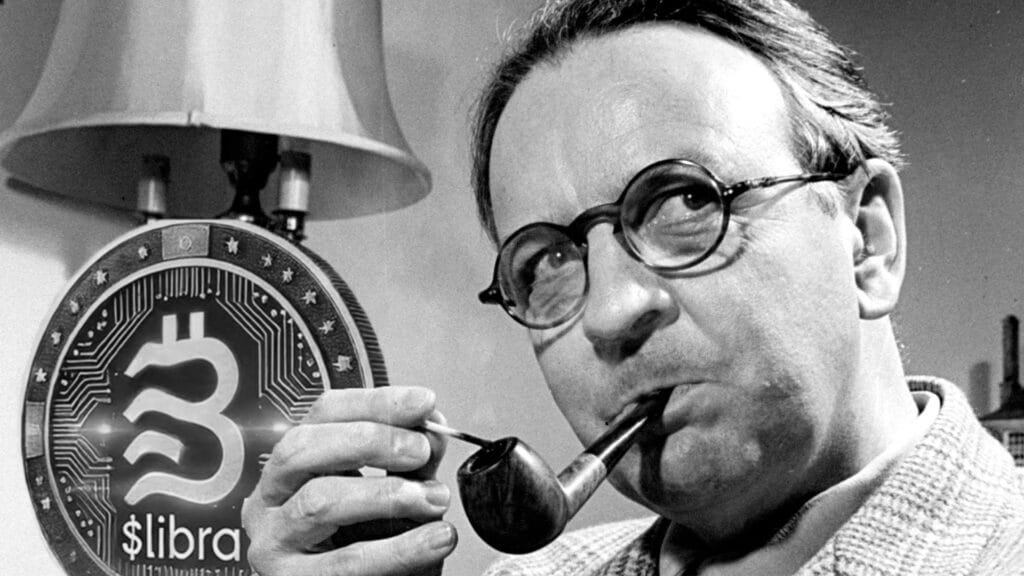 El escritor Raymond Chandler fumando de una pipa. Detrás suyo hay un velador, y, delante del velador, mediante un fotomontaje, aparece el logo de la criptomoneda $Libra.