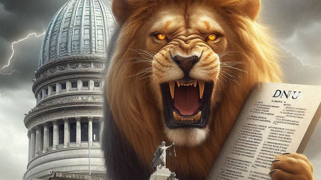 Un león sosteniendo una placa en la que se puede leer "DNU". El león está rugiendo desde la cúpula del Congreso de la Nación.