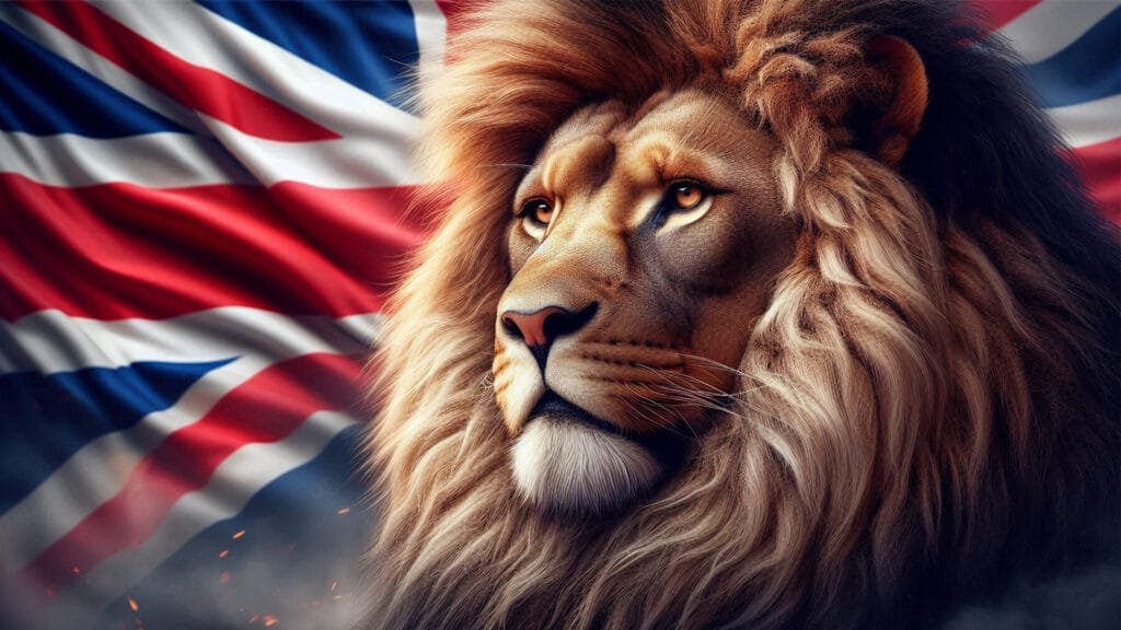 Un león mirando al horizonte. Detrás suyo hay una bandera del Reino Unido