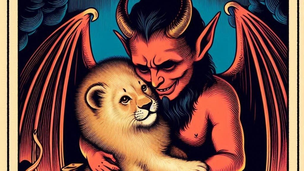 el Diablo abrazando a un león bebé