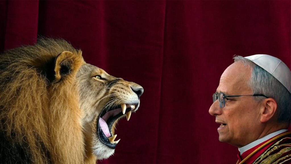Papa León XIV enfrentado a un león que ruge