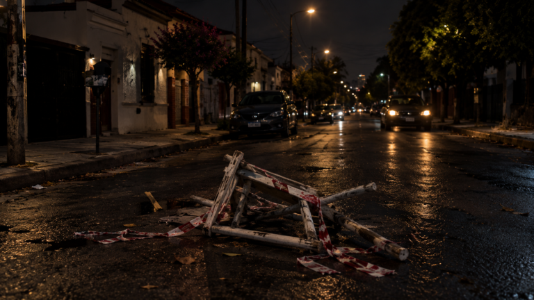 Barricada caída bajo la lluvia nocturna